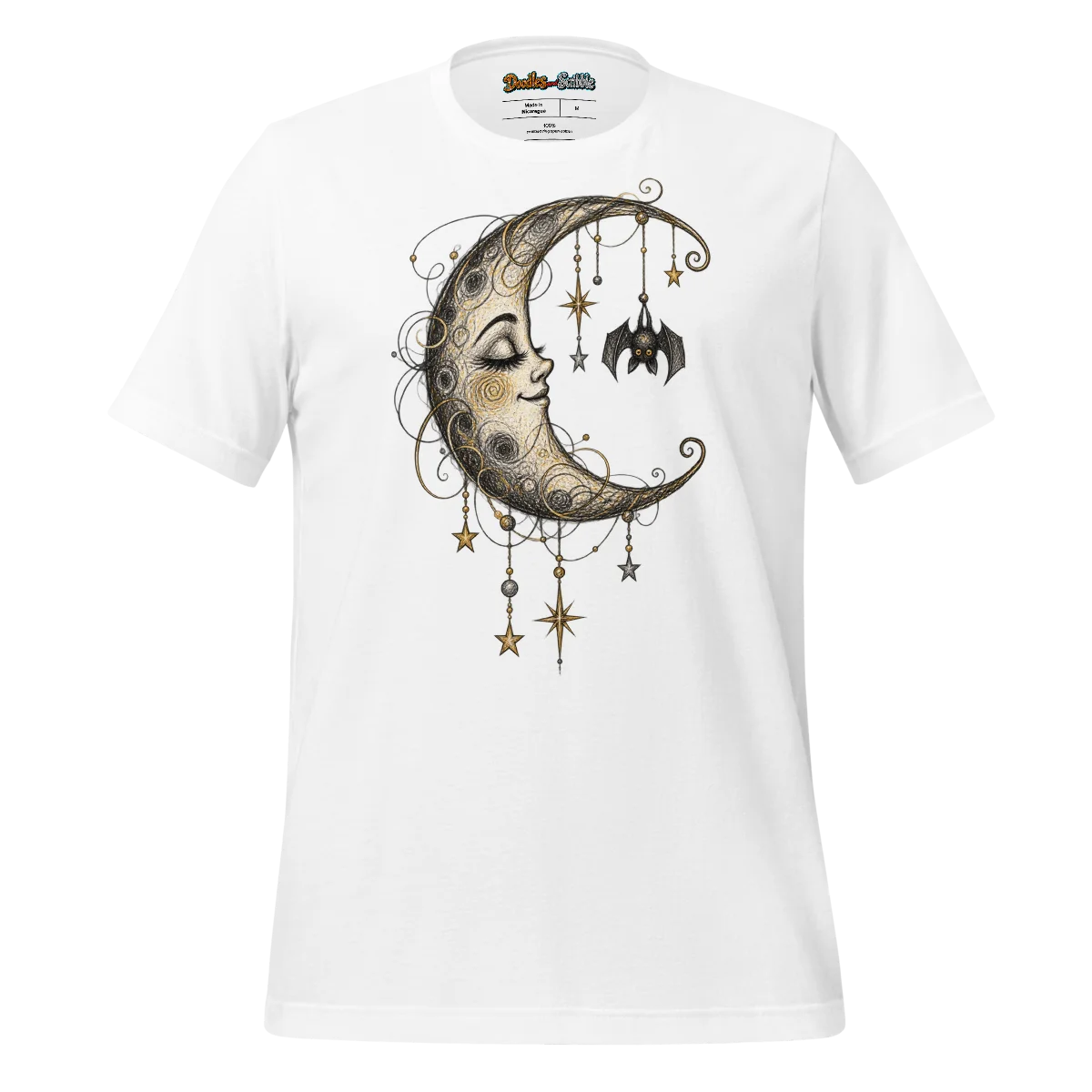 Scribbled Crescent Moon T Shirt for Halloween in White