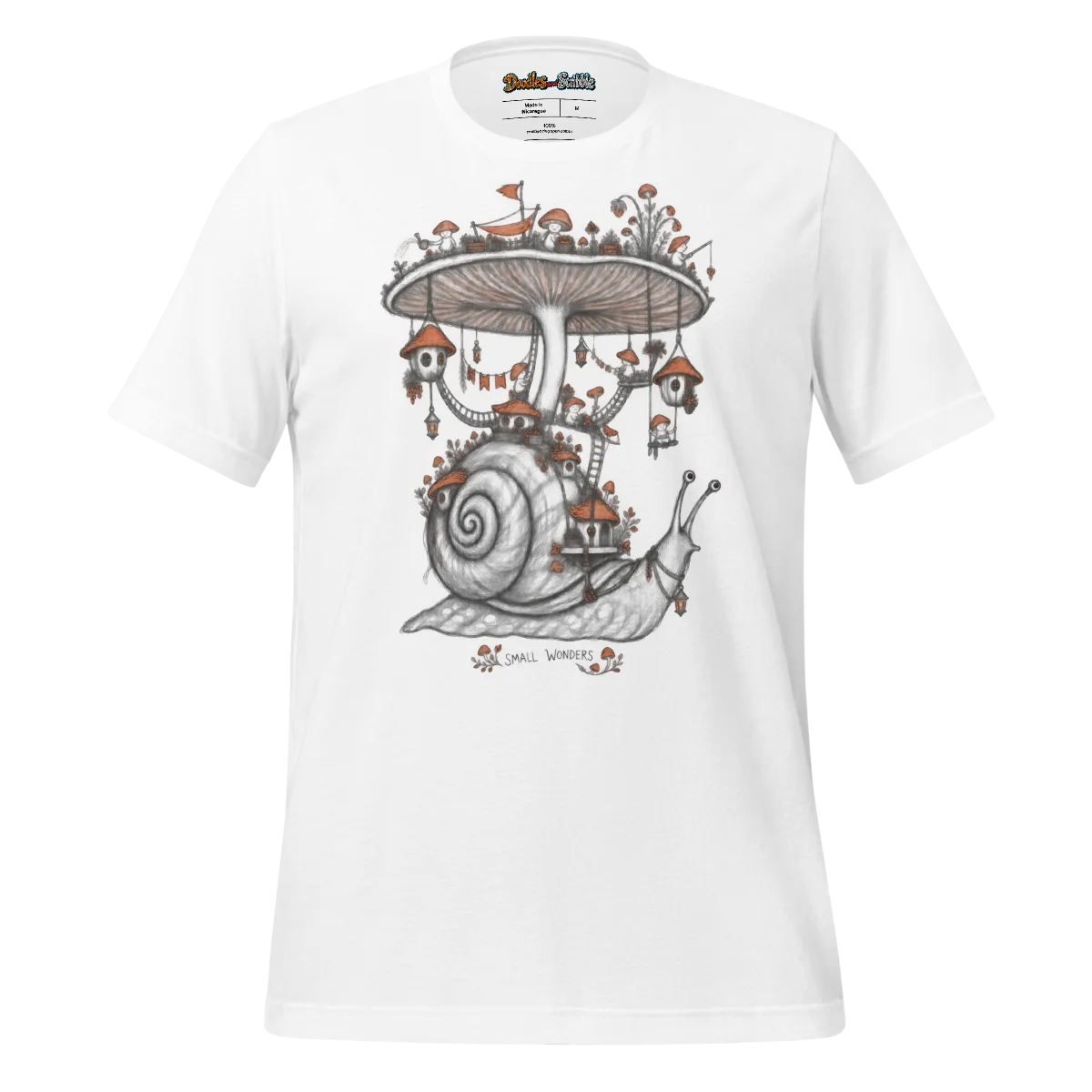 Whimsical Mushroom T Shirt with Doodle Art in White