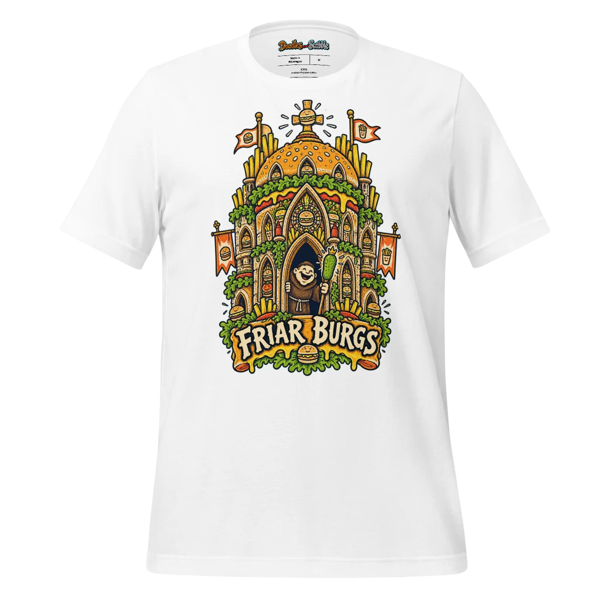 Friar Burgs Back Print T Shirt with Large Monk and Burger Graphic