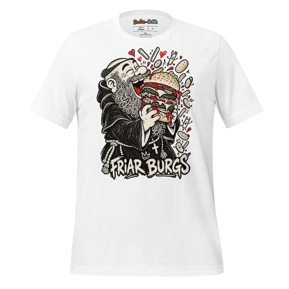 Friar Burgs Front Graphic T Shirt with Full Monk and Burger Logo