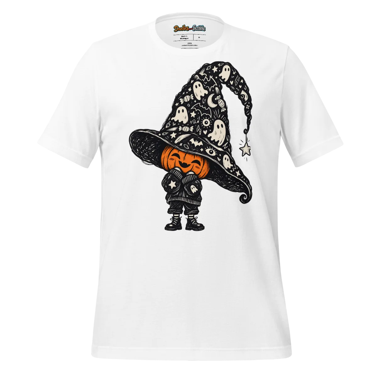 Pumpkin Hat T Shirt with Ghostly Gourd Doodle