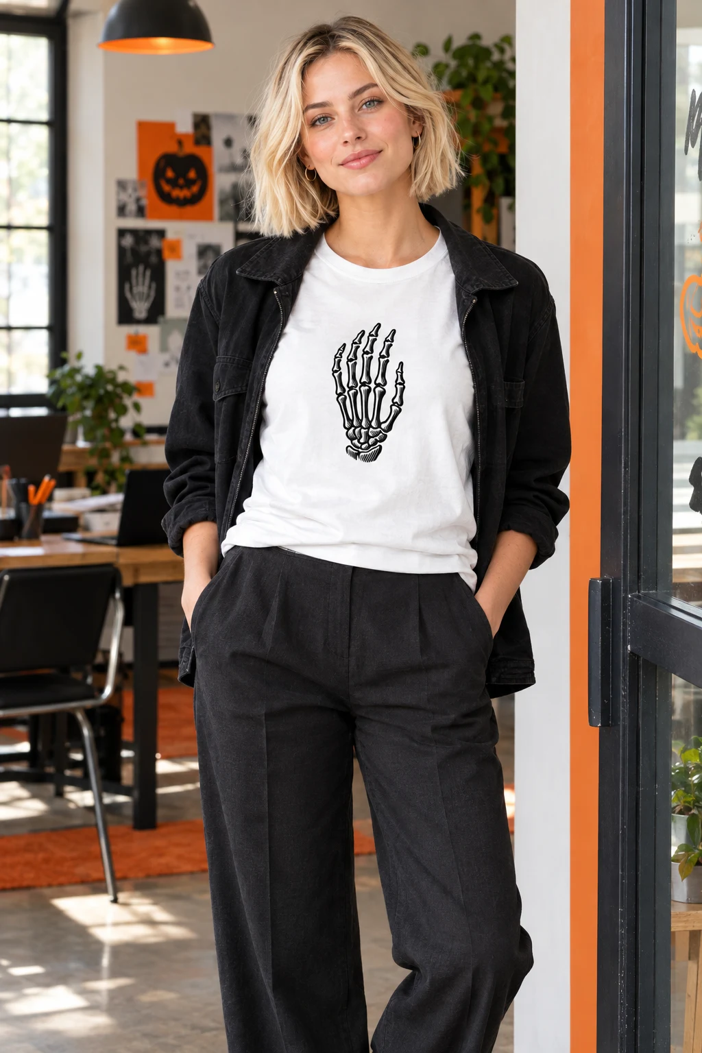 Skeleton Hand T-Shirt with Halloween Doodle Design styled for Use contrast to make the skeleton hand legible