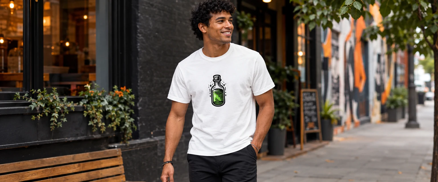 Potion Bottle T-Shirt with Halloween Doodle Design styled for Decide how much of the drawing to reveal