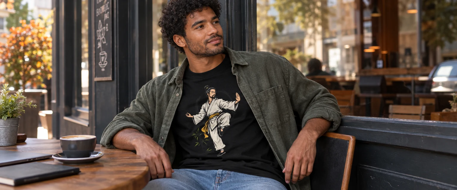 Zen Master Doodle Martial Arts T Shirt with Embroidered Design styled for Check the opening before choosing the frame
