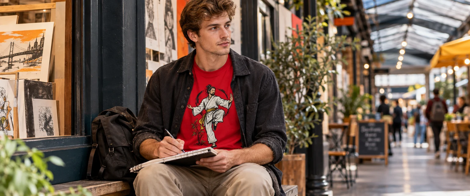 Zen Master Doodle Martial Arts T Shirt with Embroidered Design styled for Try one outfit across three real moments