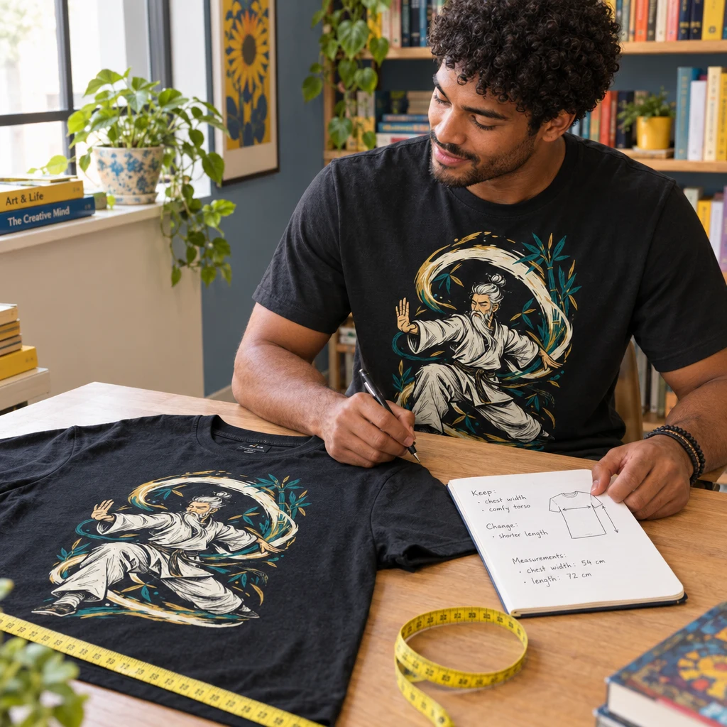 Zen Master Doodle Martial Arts T Shirt with Front Print styled for Measure a favourite tee and compare like with like