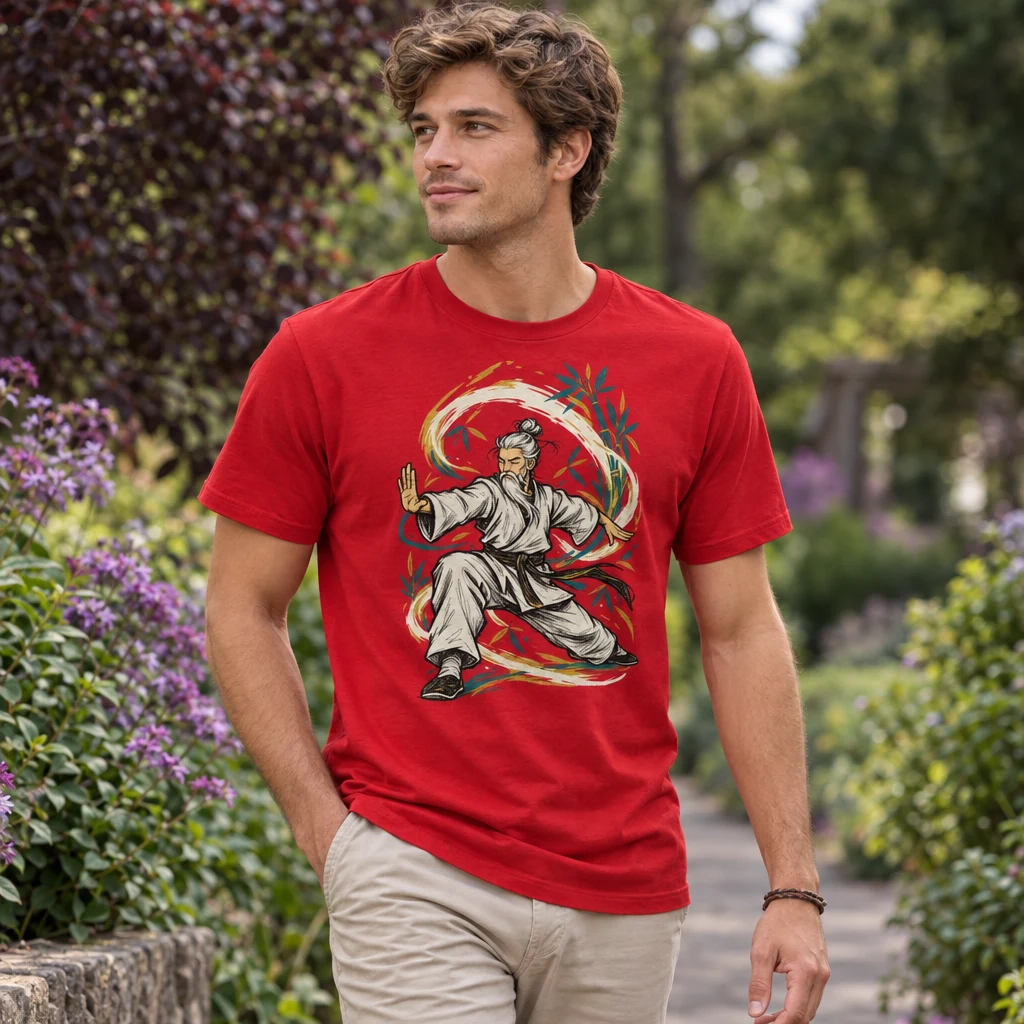 Zen Master Doodle Martial Arts T Shirt with Front Print styled for Make the final decision with a movement check