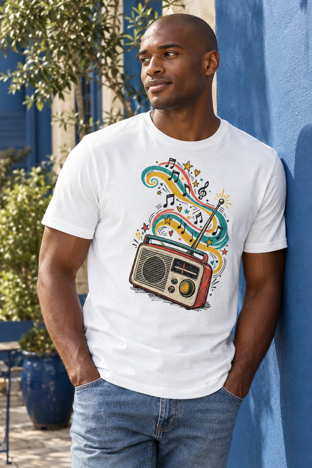 Retro Radio T Shirt with Music Wave Scribble Illustration styled for Keep a music motif from becoming a costume