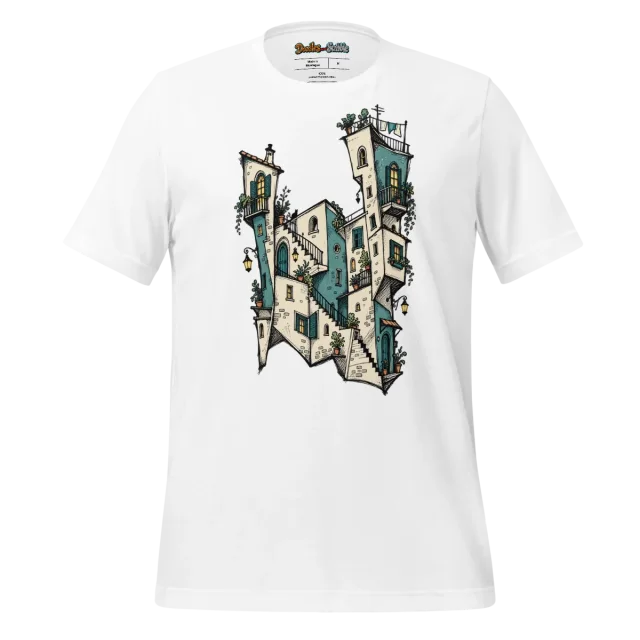 Building Facade T Shirt with Asymmetrical Cityscape Doodle