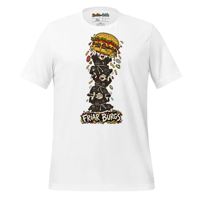 Friar Burgs Back Graphic T Shirt with Monk and Burger Logo
