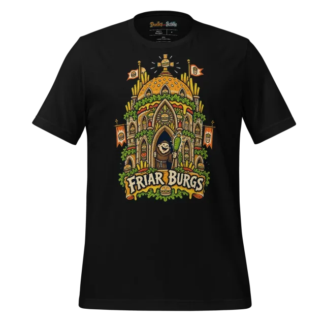 Friar Burgs Back Print T Shirt with Large Monk and Burger Graphic alternate view