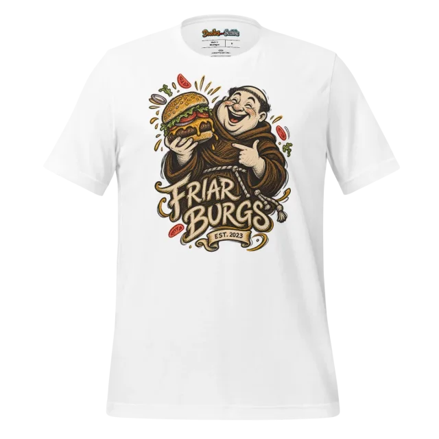 Friar Burgs Logo T Shirt with Full Front Monk and Burger Print