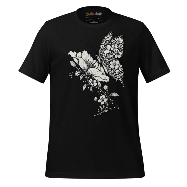 Butterfly Doodle T Shirt with Monochrome Floral Art alternate view
