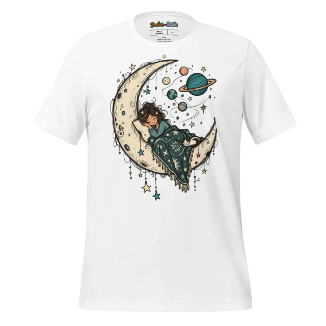 Cosmic Dreamer T Shirt with Crescent Moon Doodle