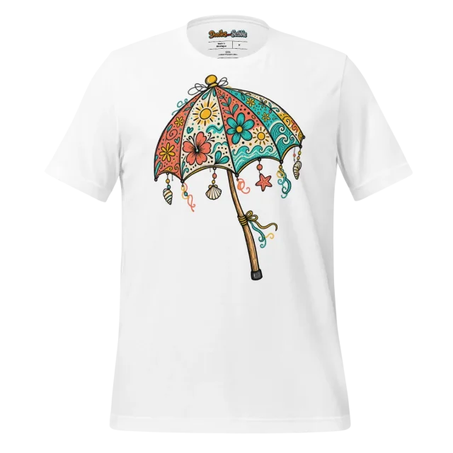 Beach Umbrella Doodle T Shirt with Colourful Summer Artwork