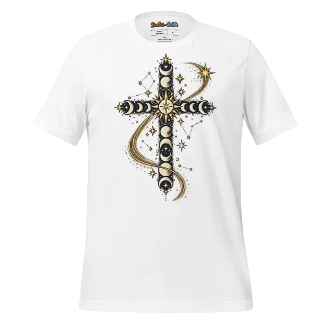 Celestial Cross T Shirt with Radiant Symbol Artwork