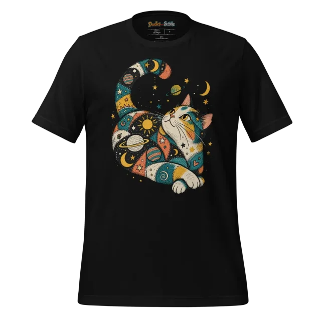Cosmic Patchwork Cat T Shirt with Doodle Art alternate view