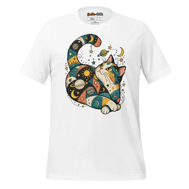 Cosmic Patchwork Cat T Shirt with Doodle Art