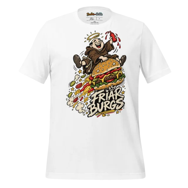 Friar Burgs Logo T Shirt Monk Front & Burger Back