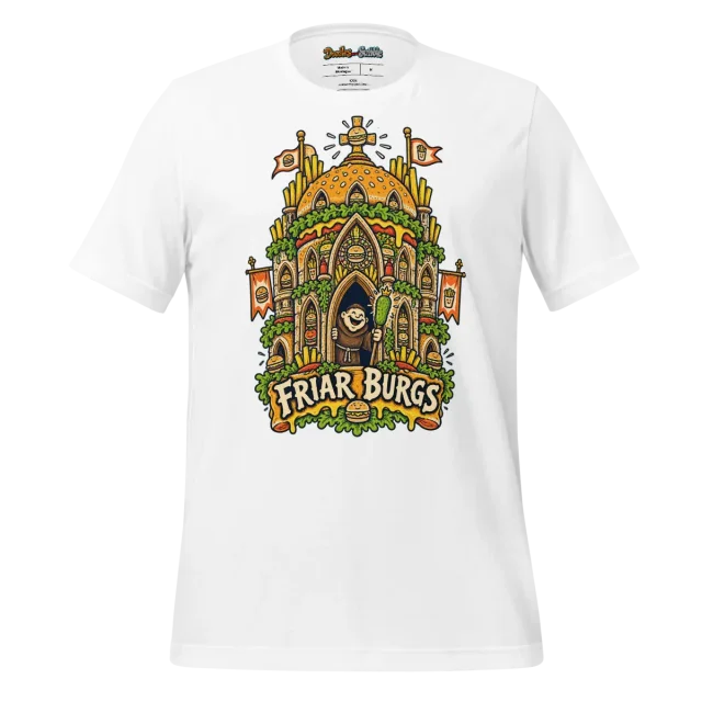 Friar Burgs Back Print T Shirt with Large Monk and Burger Graphic
