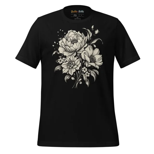 Monochrome Floral T Shirt with Elegant Bloom Artwork alternate view