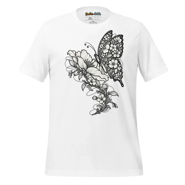 Butterfly Doodle T Shirt with Monochrome Floral Art