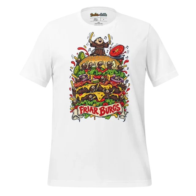 Friar Burgs Graphic T Shirt with Burger Front and Monk Back