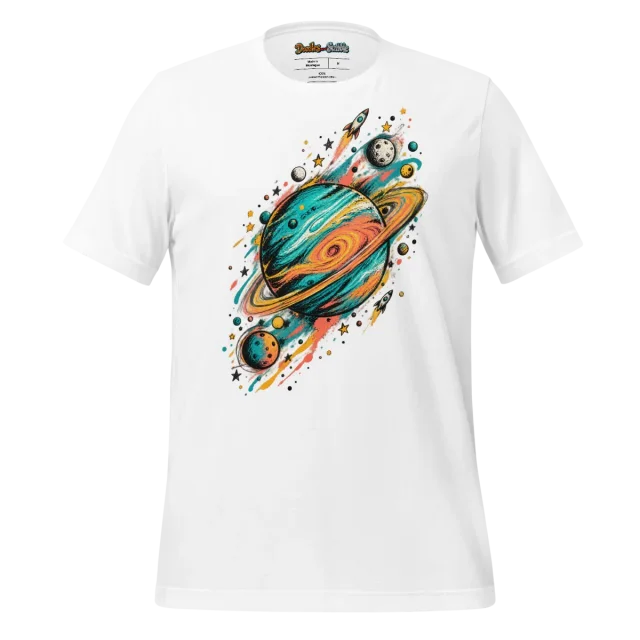 Cosmic Paint Splash T Shirt with Abstract Astronomical Doodle