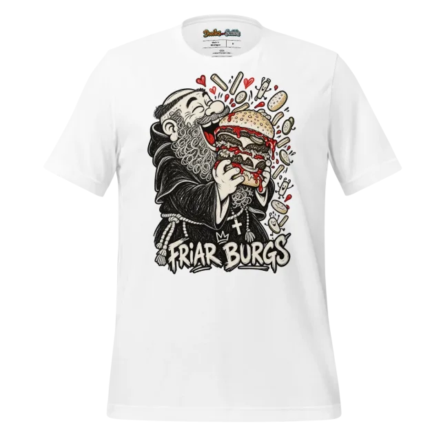 Friar Burgs Front Graphic T Shirt with Full Monk and Burger Logo