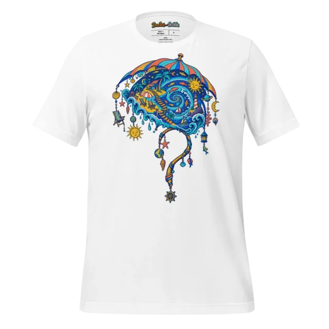 Beach Umbrella T Shirt with Colourful Sandy Shore Design