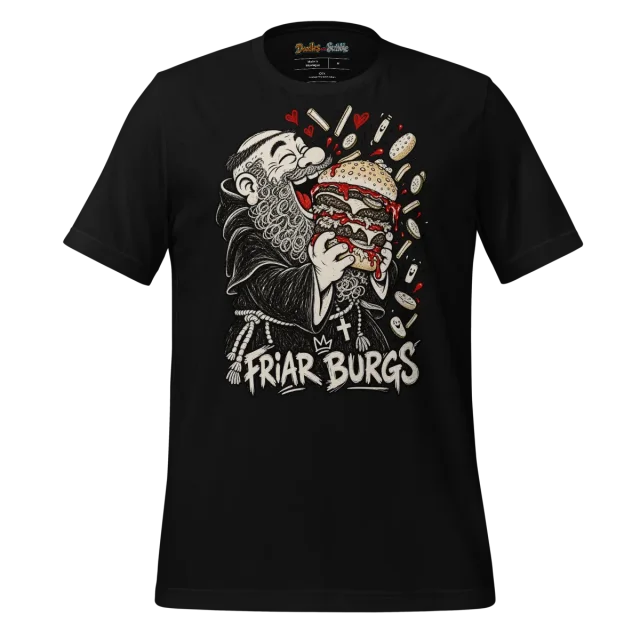 Friar Burgs Front Graphic T Shirt with Full Monk and Burger Logo alternate view