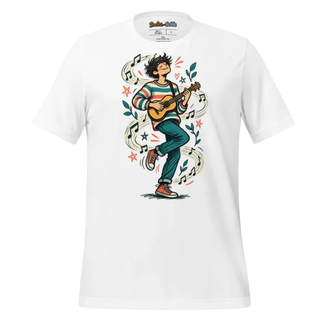 Guitar Player Front Graphic Tee with Whimsical Doodle