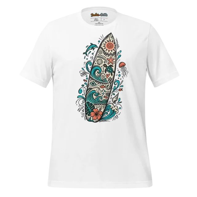 Surfboard Doodle T Shirt with Intricate Summer Artwork