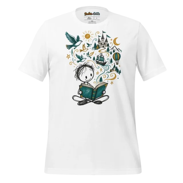 Literary Dreams T Shirt with Whimsical Storyteller Doodle