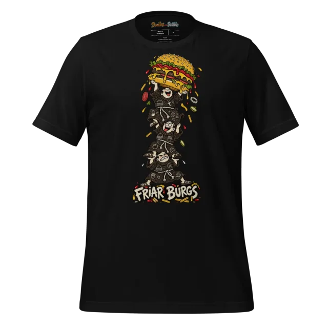 Friar Burgs Back Graphic T Shirt with Monk and Burger Logo alternate view