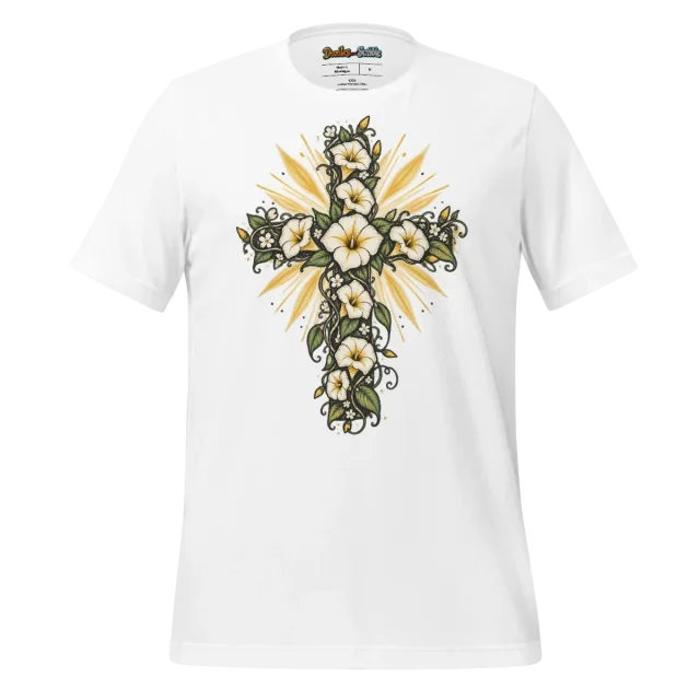 Morning Glory Cross T Shirt with Radiant Easter Symbol