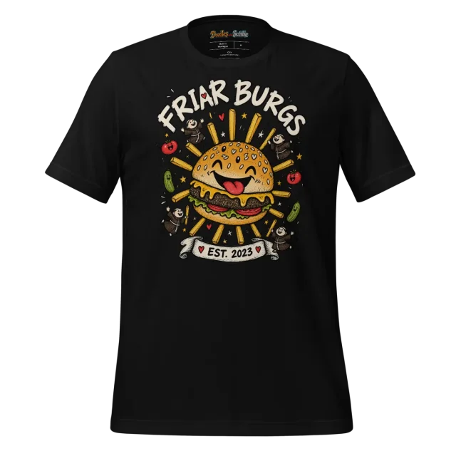 Friar Burgs Burger Logo T Shirt with EST. 2023 Front Print alternate view