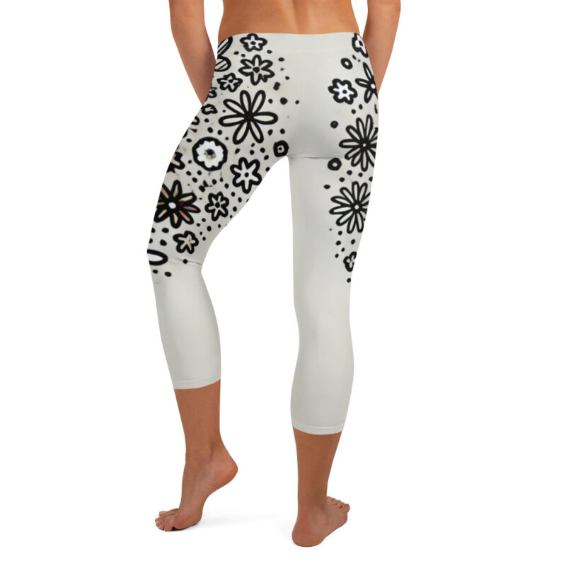 Black and White Floral Doodle Capri Leggings for Yoga