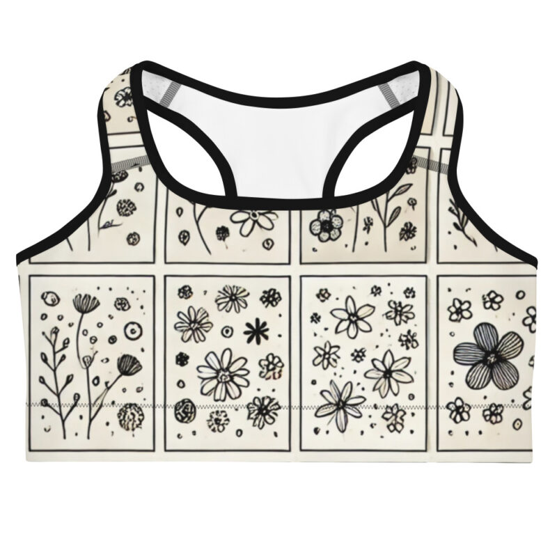 Black and White Floral Doodle Sports Bra