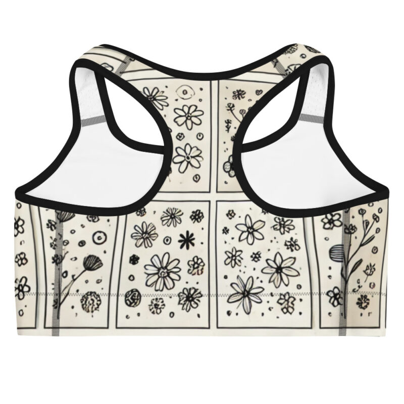 Black White Floral Sports Bra with Doodle Print alternate view