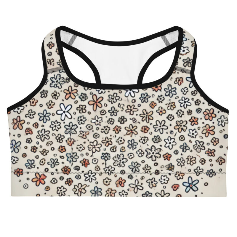Black, White, and Pastel Floral Doodle Sports Bra