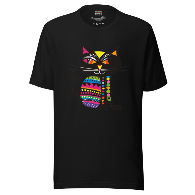 Cosmic Patchwork Cat T-Shirt with Doodle Art alternate view