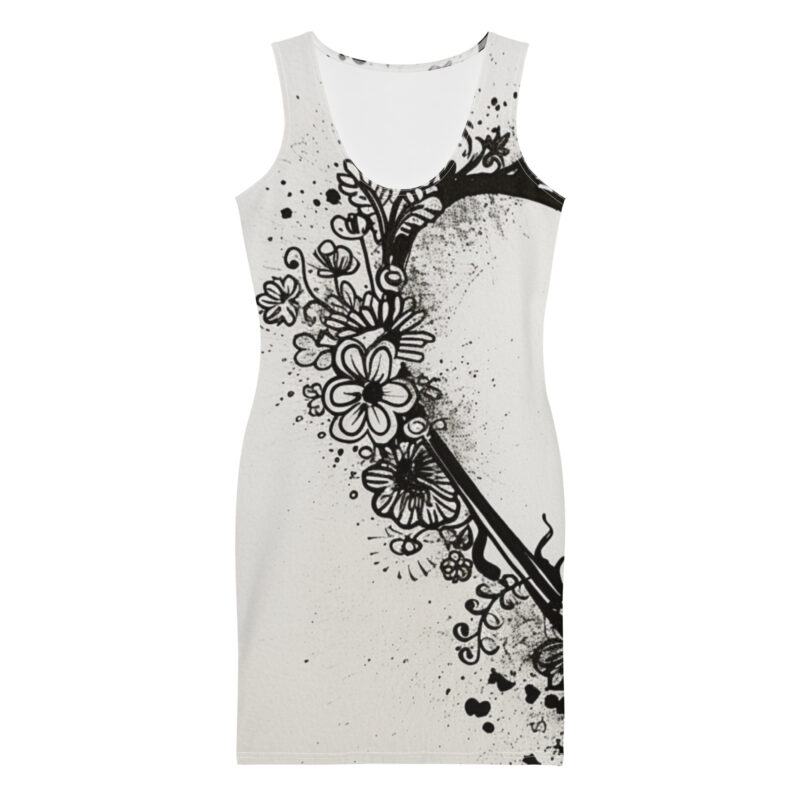 Floral Heart Doodle Bodycon Dress – Monochrome Statement
