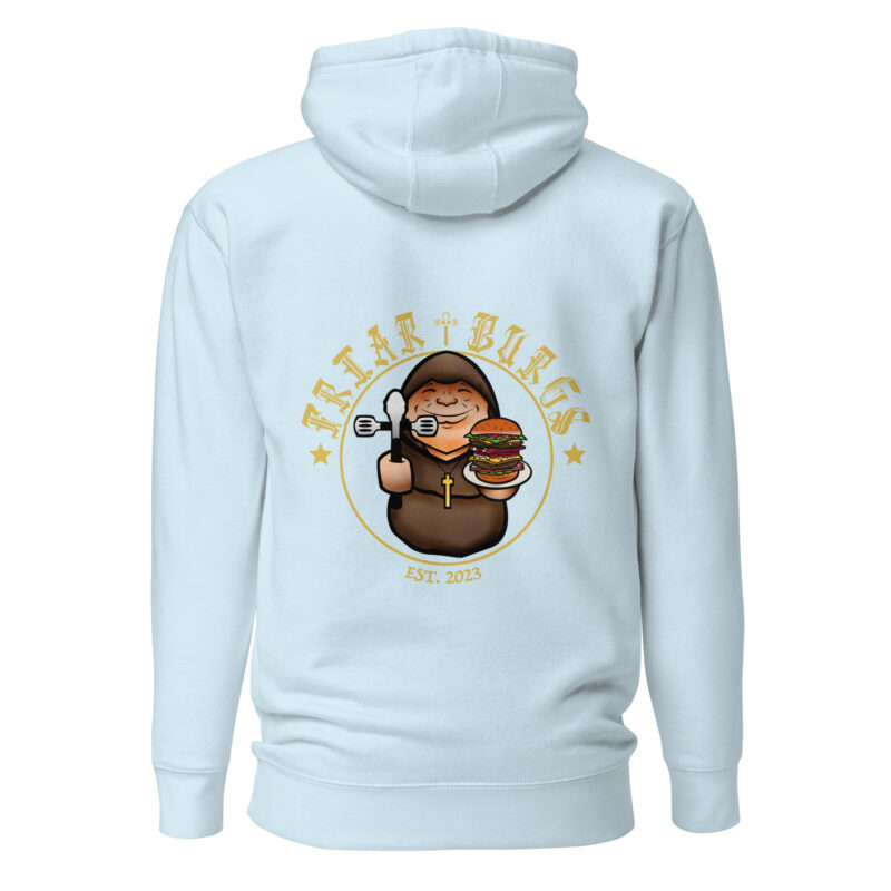 Friar Burgs EST. 2023 Back Logo Hoodie - Iconic Monk & Burger Display Apparel