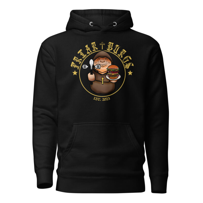 Friar Burgs Front Logo Hoodie with Classic Monk & Burger alternate view