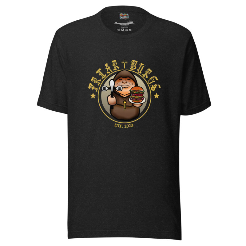 Friar Burgs Logo T-Shirt with Full Front Monk and Burger Print alternate view