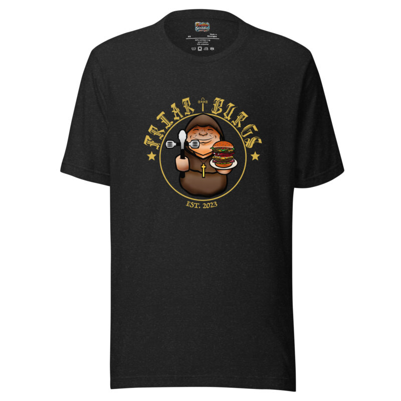 Friar Burgs EST. 2023 Full Front T-Shirt - Classic Monk & Burger Graphic Tee