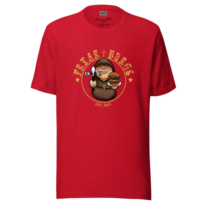 Friar Burgs Front Graphic T-Shirt with Full Monk and Burger Logo alternate view