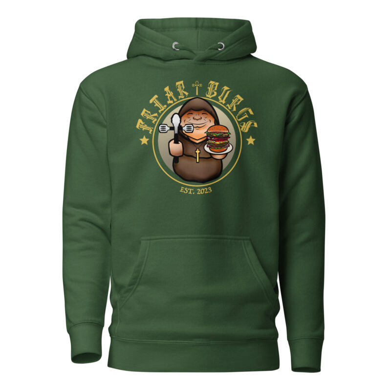 Friar Burgs Monk Burger Logo Hoodie with EST. 2023 Design alternate view