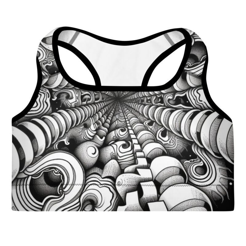 Infinite Spiral Doodle Padded Sports Bra - Hypnotic Monochrome Vortex